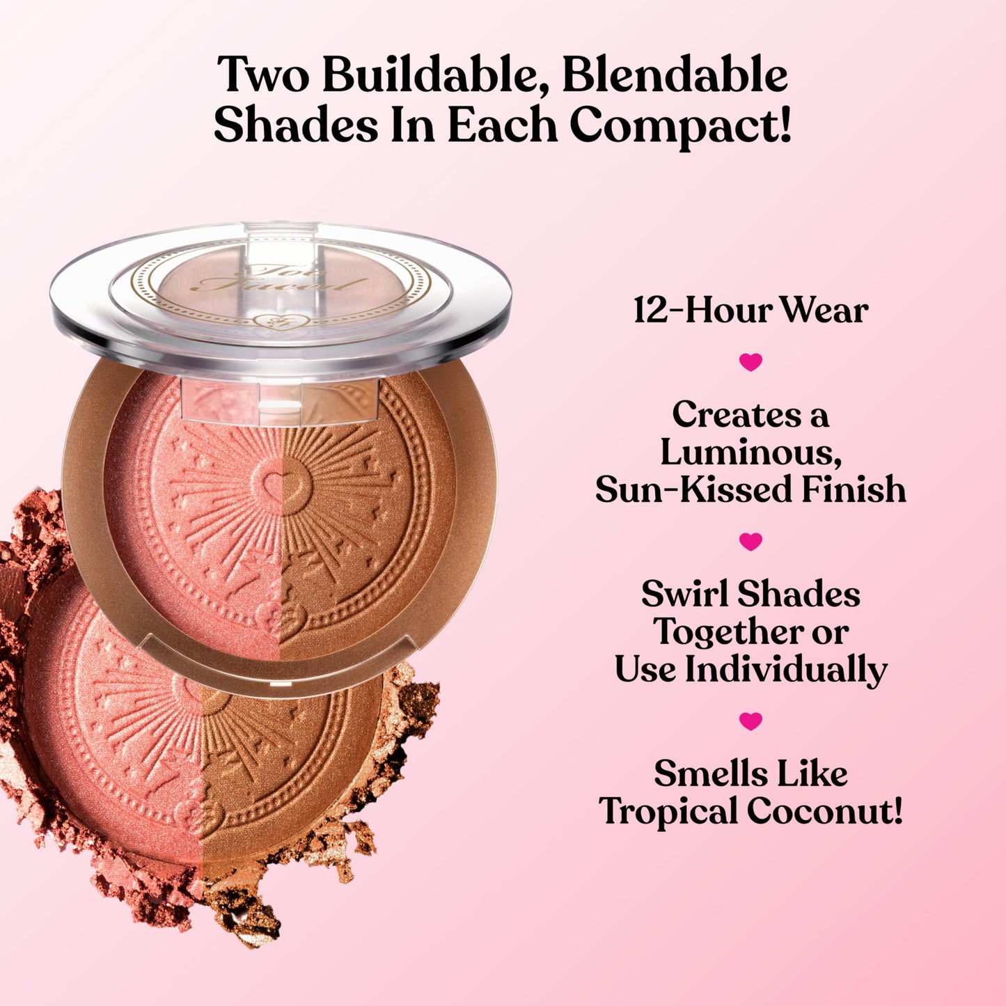 Too Faced Sun Bunny Blushing Bronzer | Dual-Shade Sheer, Luminous Bronzer Blush with Pink Undertones to Mimic Natural Flush, Sunset Bunny, 0.28 Ounce