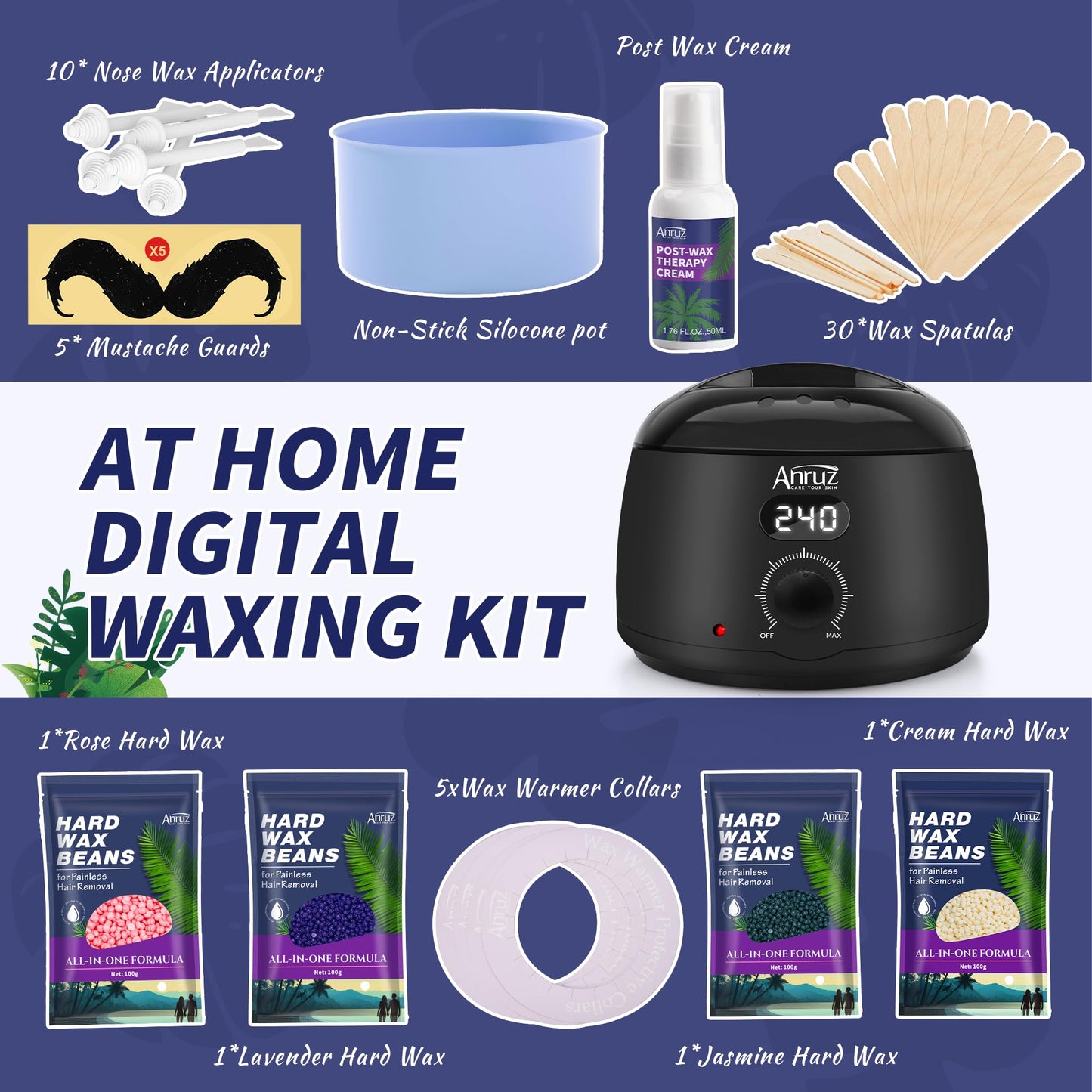 Waxing Kit- Anruz Women Men Wax Kit for Hair Removal - For Sensitive Skin, Eyebrows, Brazilian, Face, Bikini - Home Use Digital Wax Warmer with 5 Bags Beauty and Personal Care ANRUZ