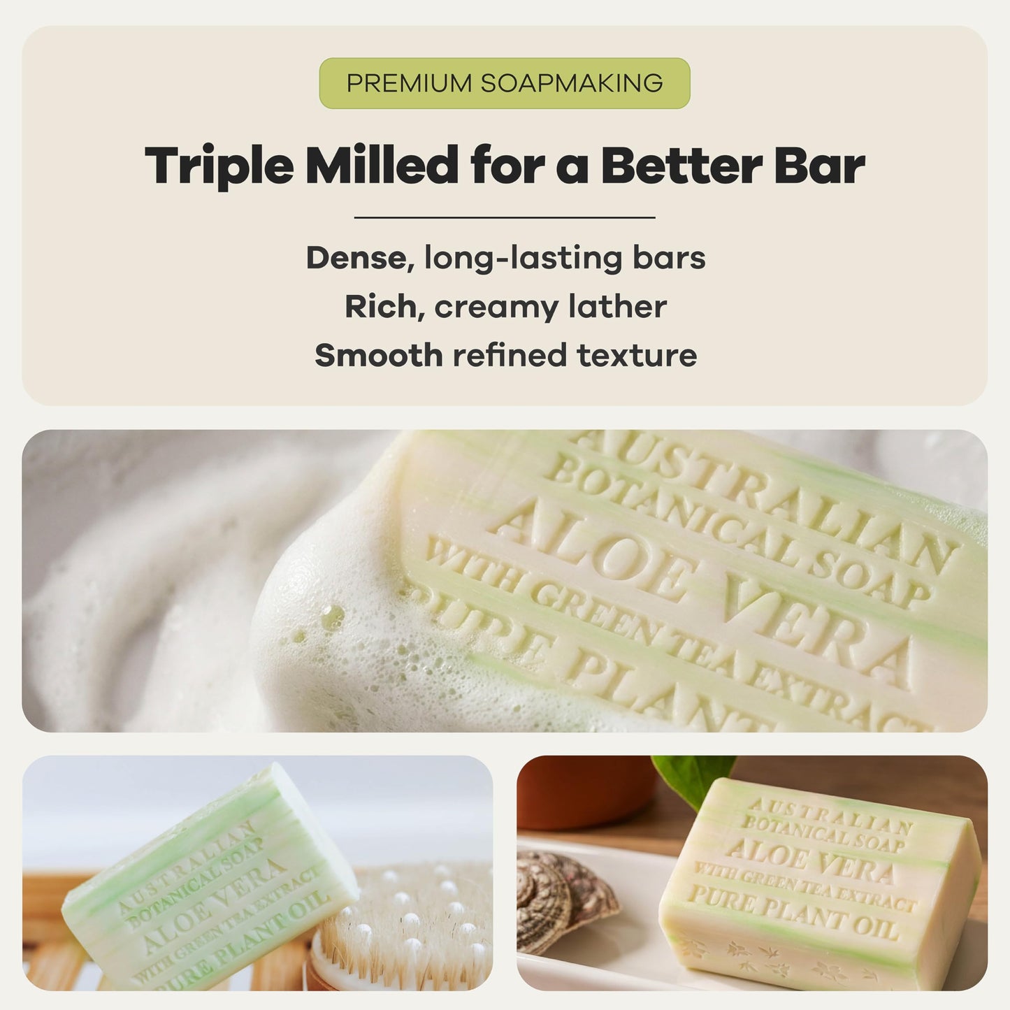 Australian Botanical Soap Aloe Vera with Green Tea Extract - Triple Milled 6.6 oz Bar Soap with Shea Butter, Face Hand & Body Bars, 4 Pack