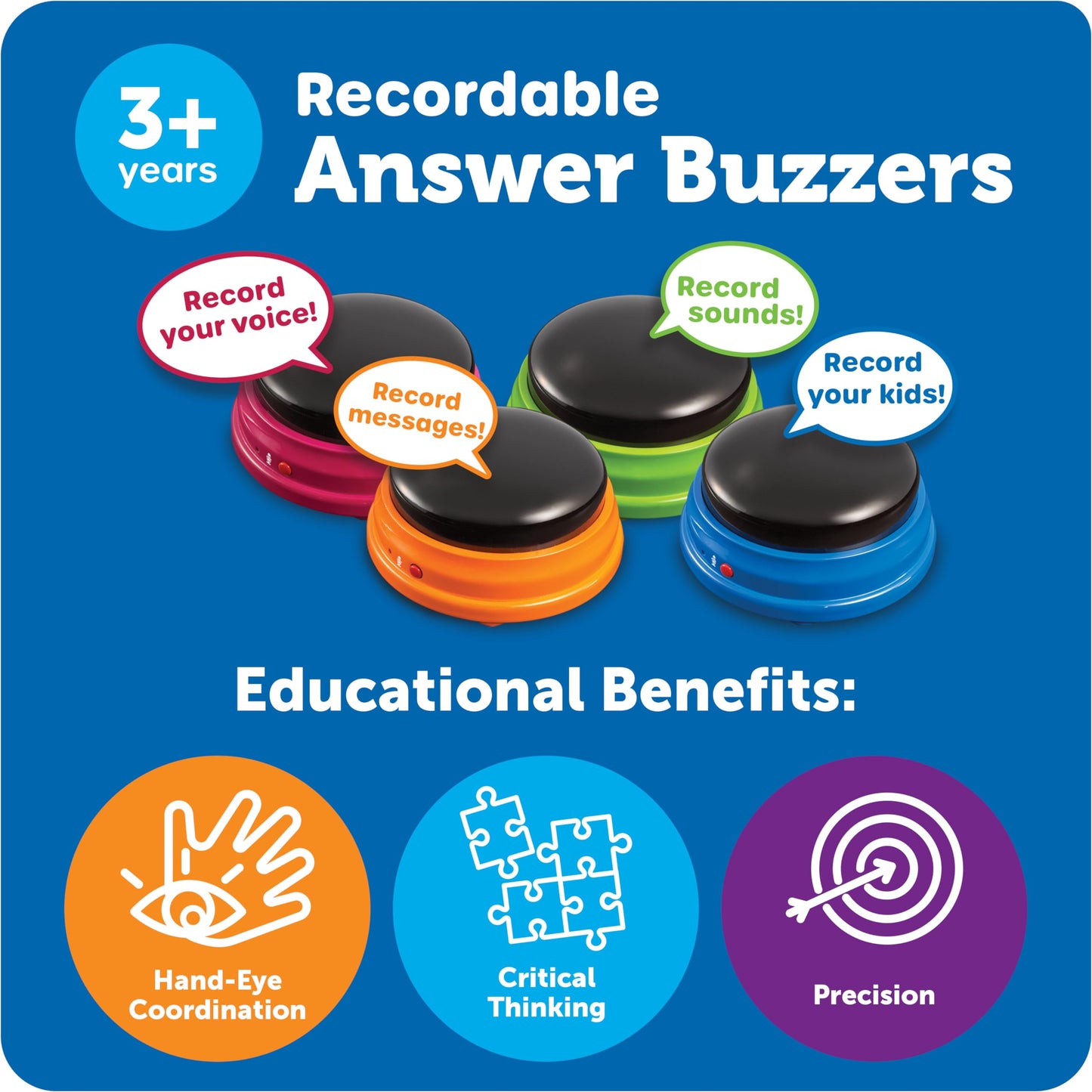 Learning Resources Recordable Answer Buzzers | Set of 4 Sound Buttons for Kids Ages 3+ | Fun Family Game Show & Trivia Night Toy