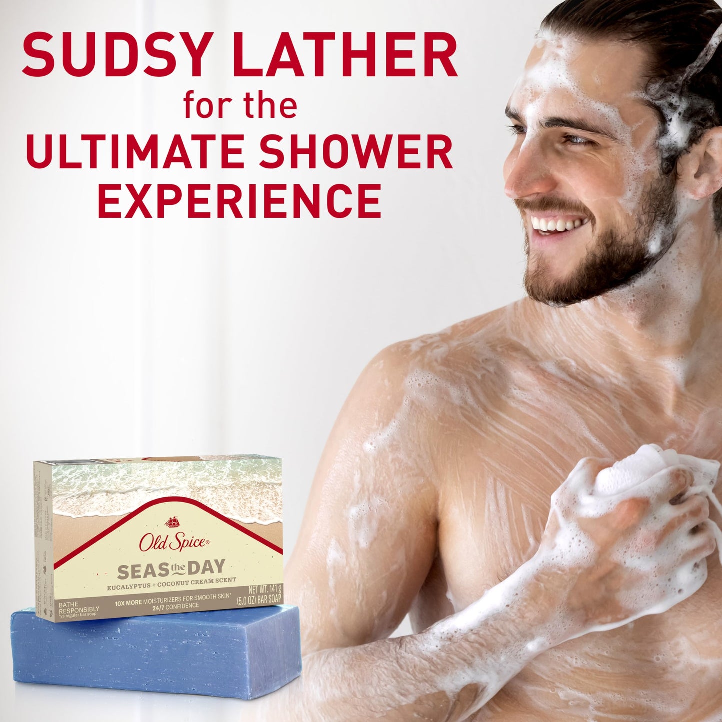 Old Spice Men's Bar Soap, Seas The Day Eucalyptus and Coconut Cream Scent, 10x More Moisturizers for Smooth Skin with Mild Exfoliators & Plant Based