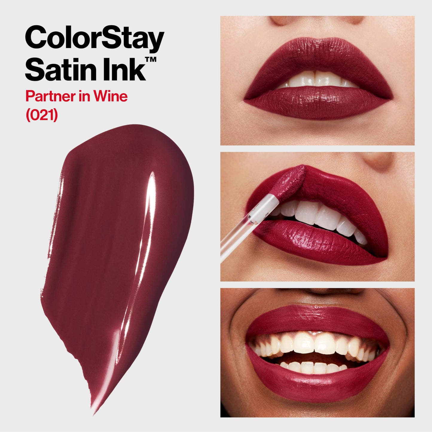 Revlon ColorStay Satin Ink Liquid Lipstick, Longwear Rich Lip Colors, Formulated with Black Currant Seed Oil, 021 Partner in Wine, 0.17 fl oz