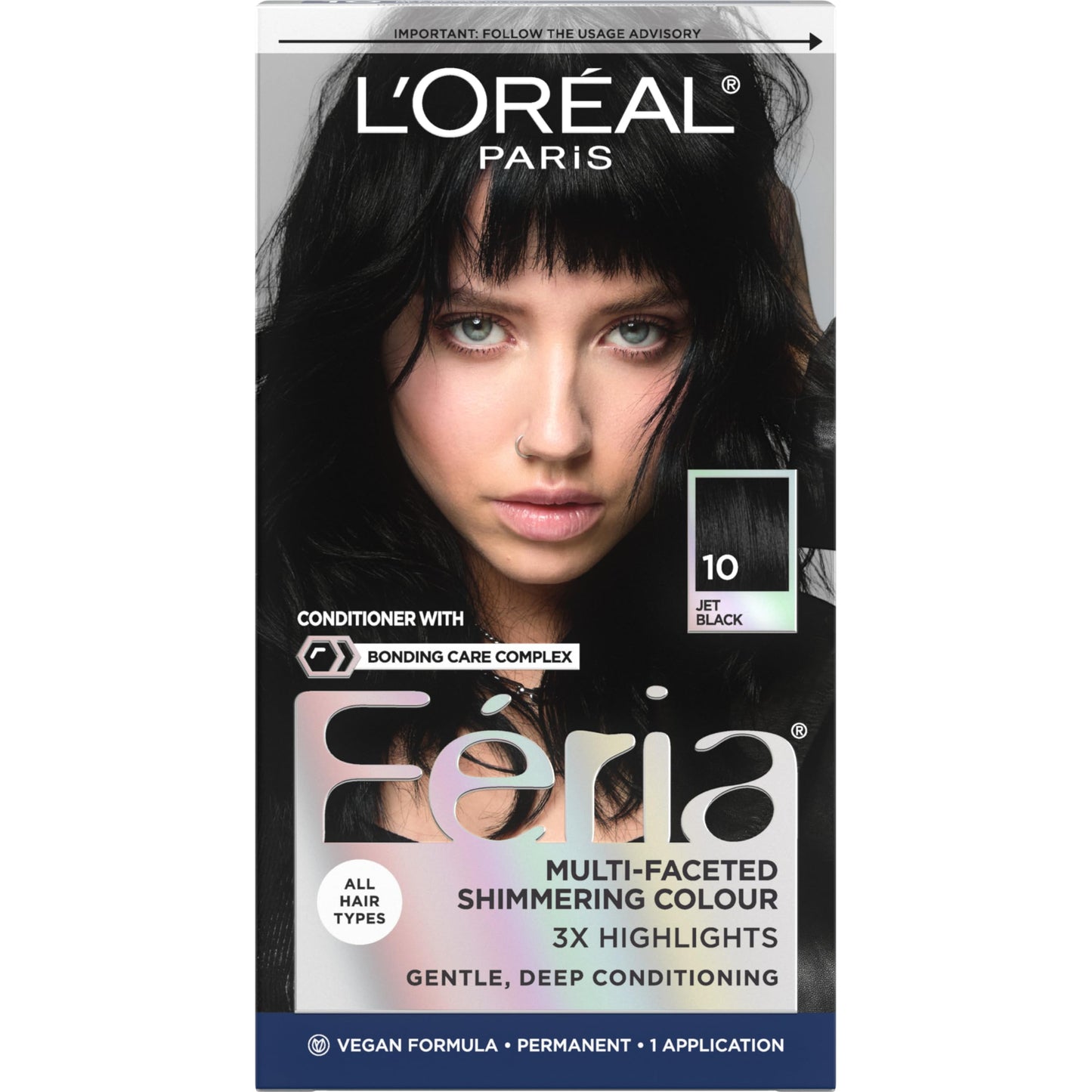 L’Oreal Paris Feria Multi-Faceted Shimmering Permanent Hair Color, High Intensity Hair Dye for 3X Highlights, 10 Jet Black (Blackest Black), 1 Hair
