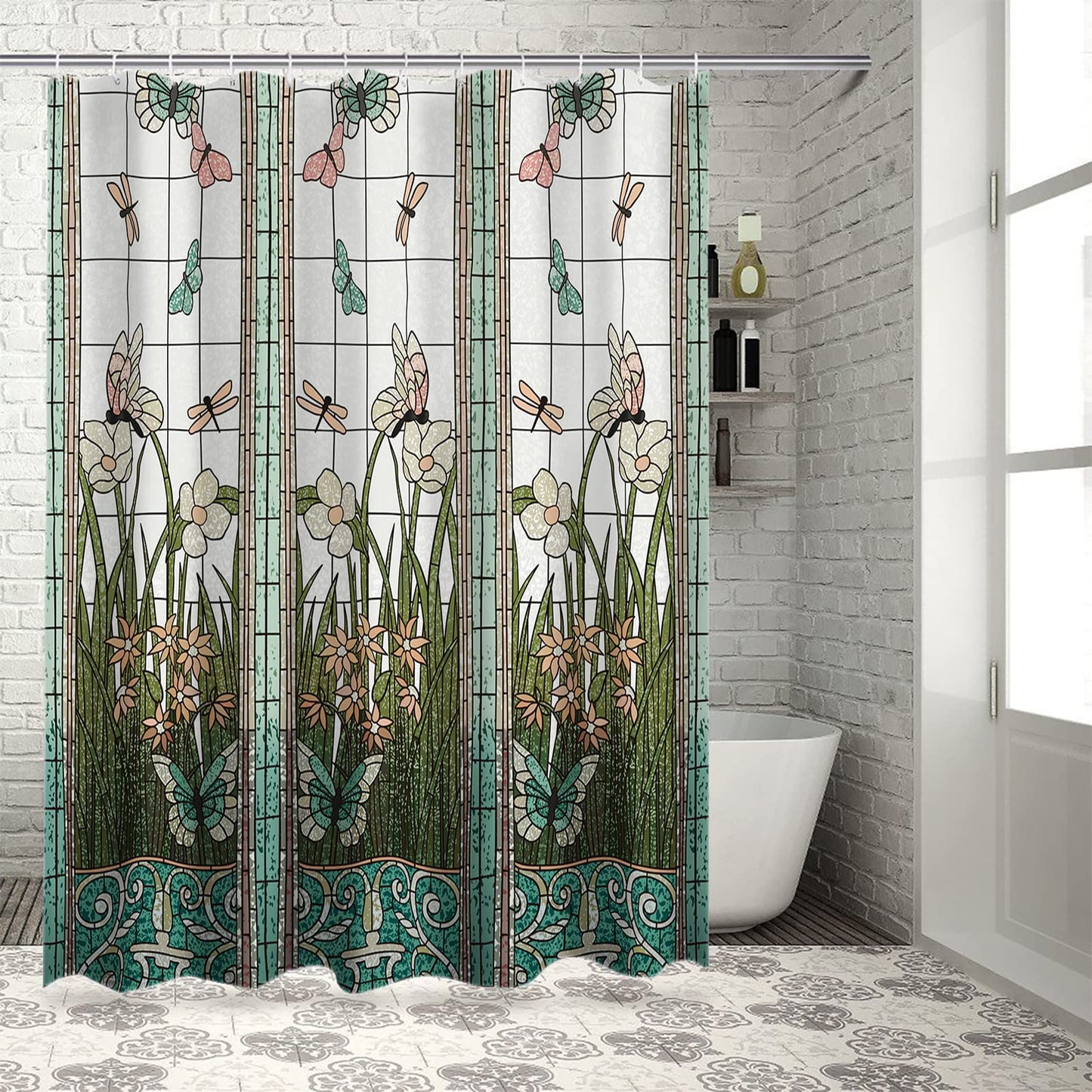 Crystal Emotion Flower Dragonfly Waterproof Bathroom Fabric Shower Curtain Bath Curtain 36x78inch Small Stall Size