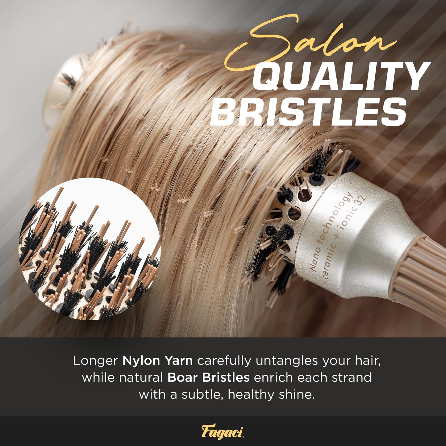 Fagaci Small Round Brush for Blow Drying with Natural Boar Bristle, Hair Styling, Drying, Healthy Hair and Add Volume, Ceramic Gold, Hair Brush + 4