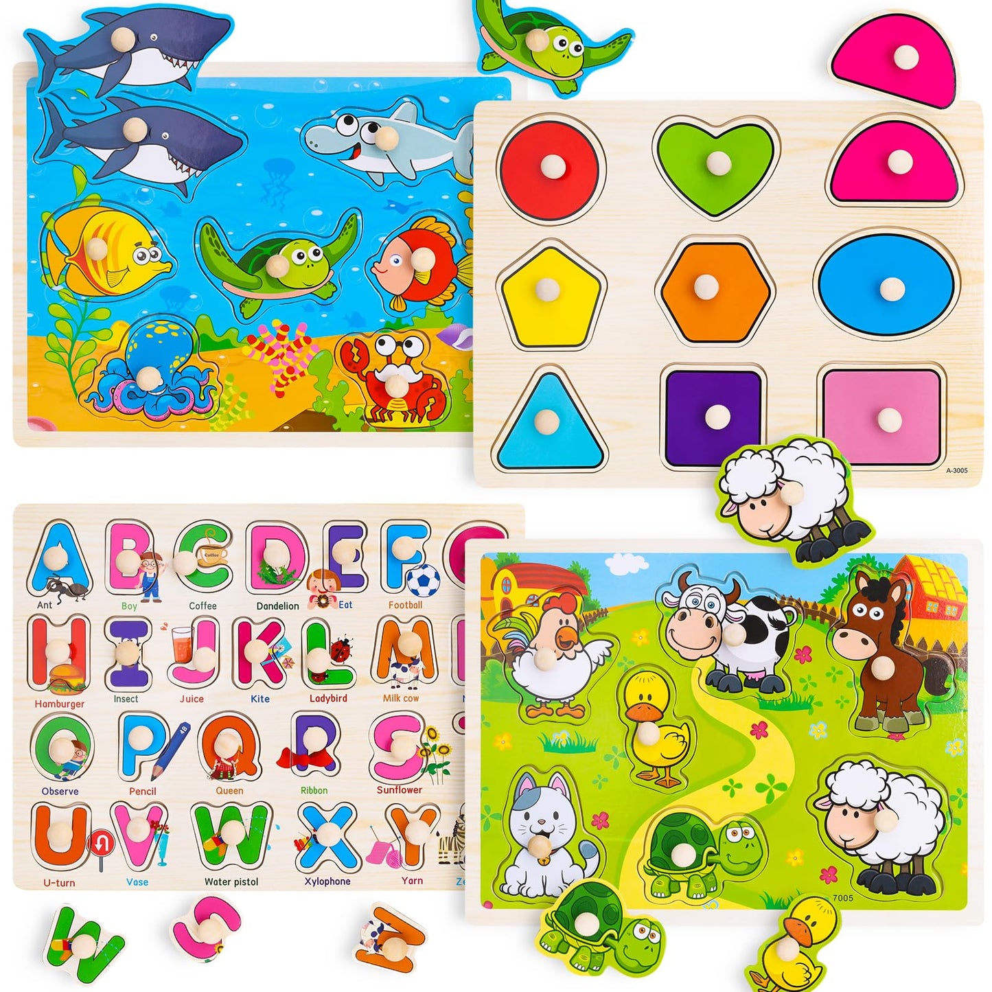 Wooden Peg Puzzles for Toddlers – 4 Pack Montessori Toys with Animals, Shapes & Alphabet, Learning Puzzles for Kids Ages 1-4 Boys & Girls