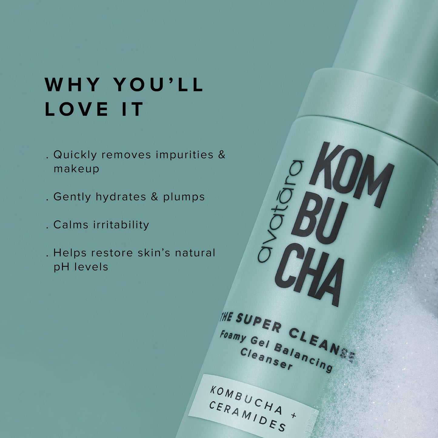 Avatara - Kombucha The Super Cleanse Face Wash, Natural Skin-Balancing Facial Cleanser, Face Cleanser with Hyaluronic Acid and Chicory Root, Skincare