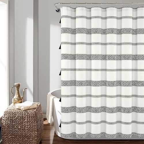 Lush Decor Ava Boho Stripe Tassel Yarn Dyed Eco-Friendly Recycled Cotton Shower Curtain, 72" x 72", Black & White