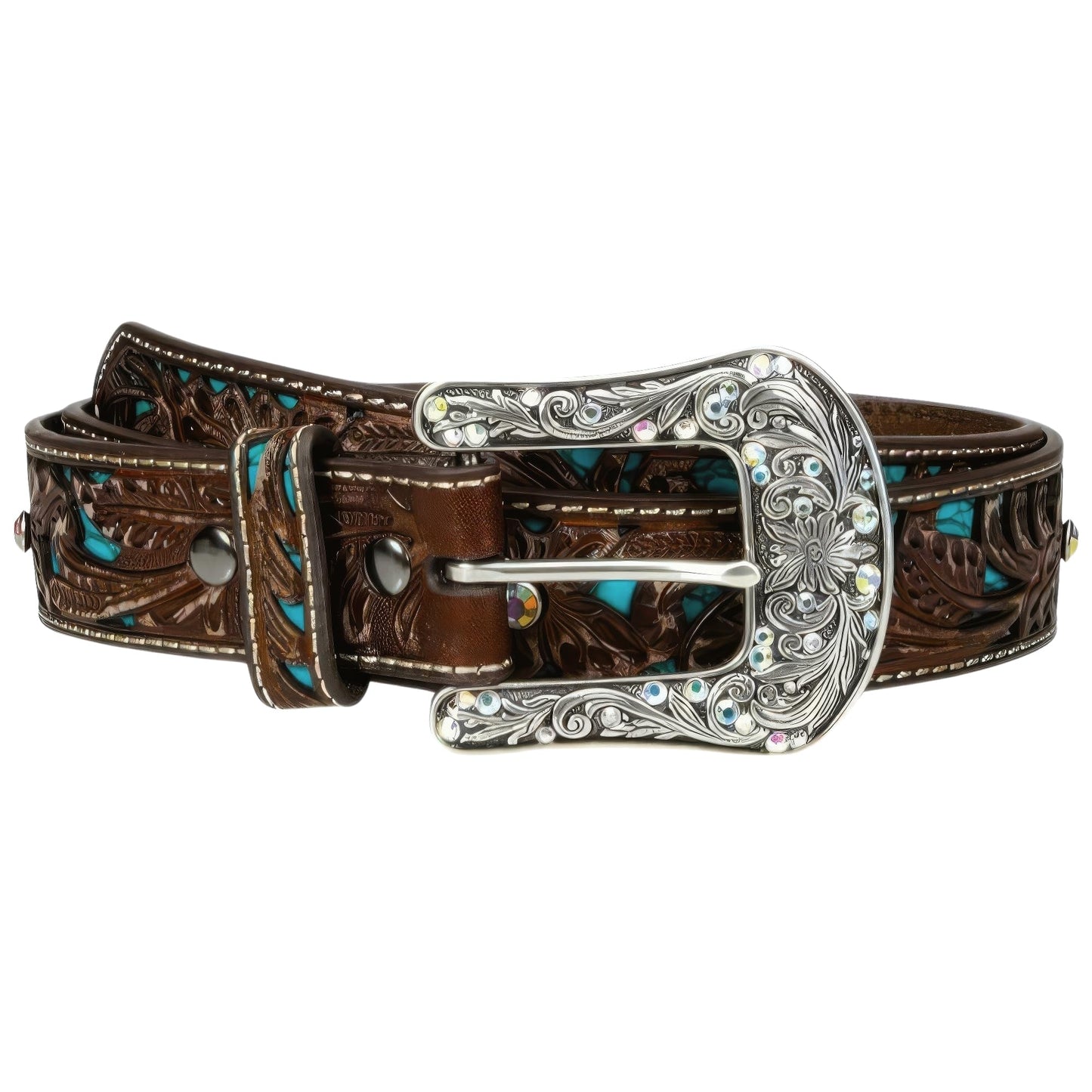 ARIAT Women's Turquoise Inlay Floral Bling Belt, Brown, Small
