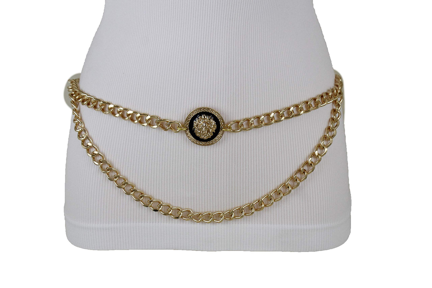 Women’s Trendy Gold Metal Chain Links Belt with Lion Head Charm - Adjustable Fit M/L/XL - Waist or Hip Wear