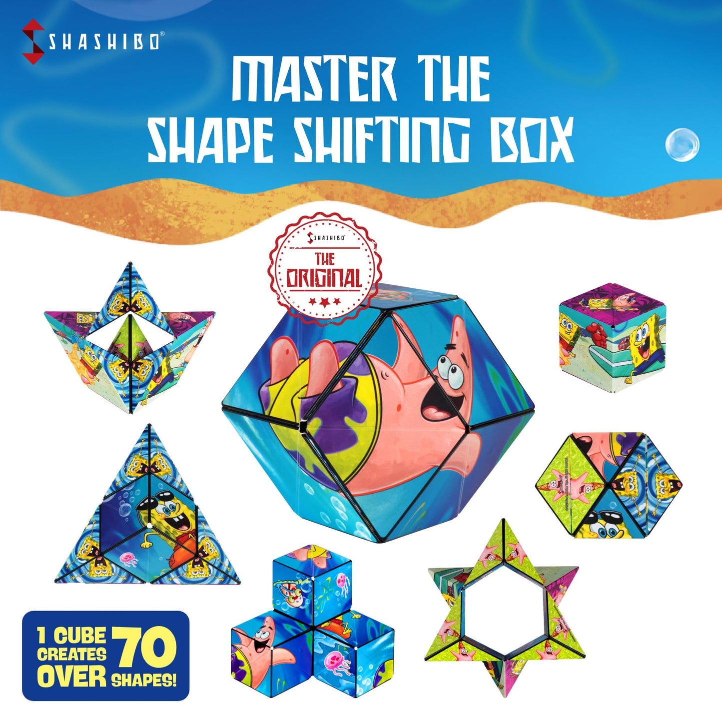 SHASHIBO SpongeBob SquarePants Shape Shifting Box – STEM Magnetic Fidget Cube, Transforms into 70+ Shapes, Mobile App Compatible (Beach Buddies)