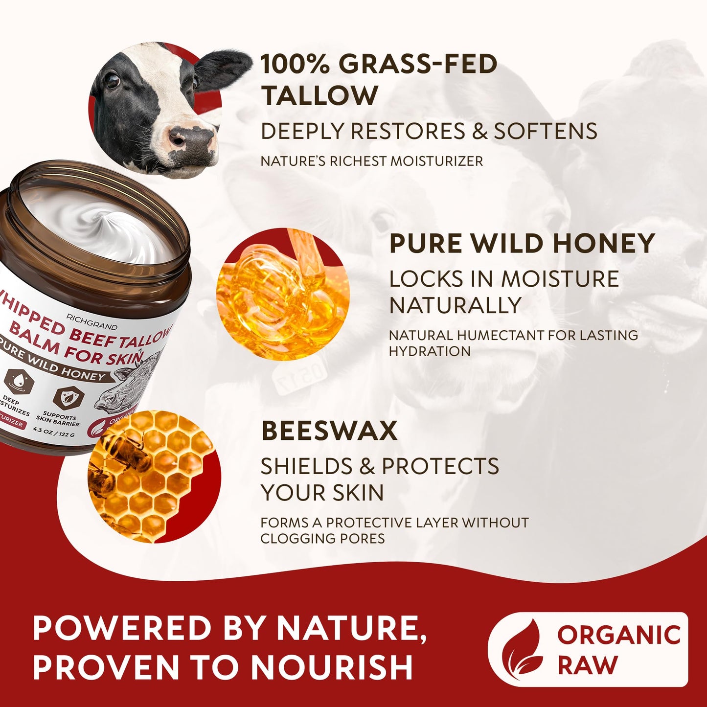 RICHGRAND Beef Tallow for Skin - Whipped Tallow and Honey Balm - Grass Fed Beef Tallow for Face, Daily Moisturizer & Body Butter - Natural Non Beauty and Personal Care RICHGRAND