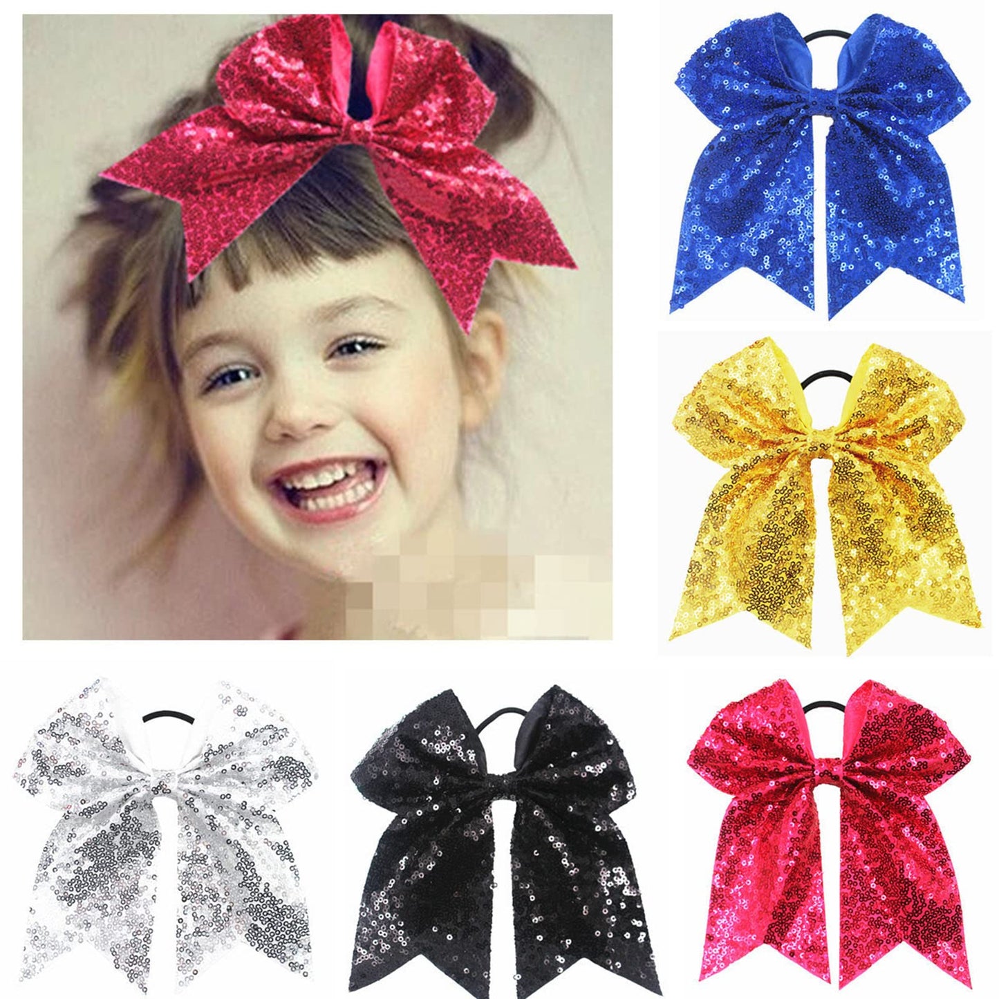 Xansema 6.5 Inches Sequins Hair Bows Elastic Hair Tie Ribbon Large Cheer Bow Ponytail Holder Hair Band for Women Girls Kids Teens (Pink)