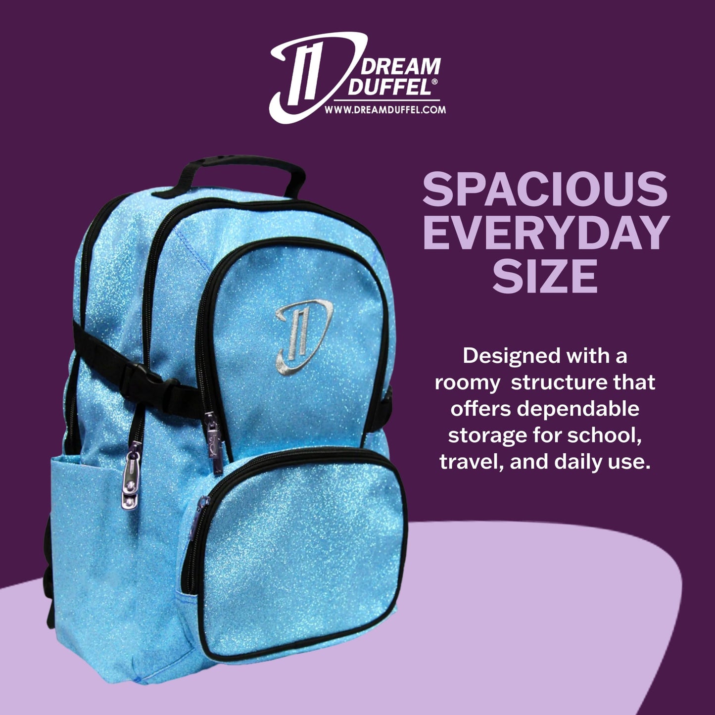 Dream Duffel Classic Backpack for Women & Children, Small Travel Bag, Water-Resistant, Padded Back & Shoulder Straps, Size 17.5”x14”, Blue Sparkle