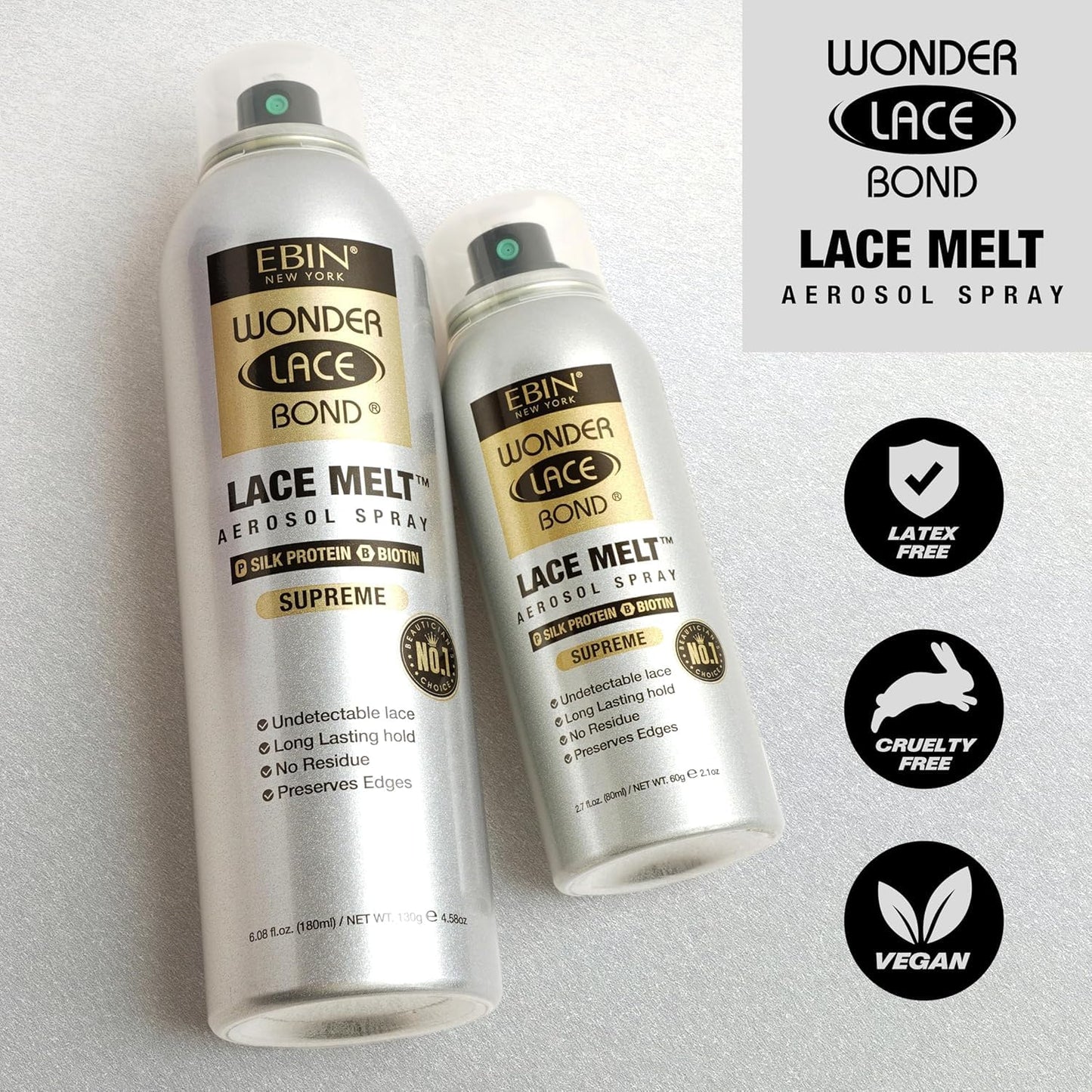EBIN NEW YORK Wonder Lace Bond Lace Melt Aerosol Spray Silk Protein + Biotin | Extra Firm Hold Wig Adhesive Spray | Moisturizing Natural Finish | 6.08