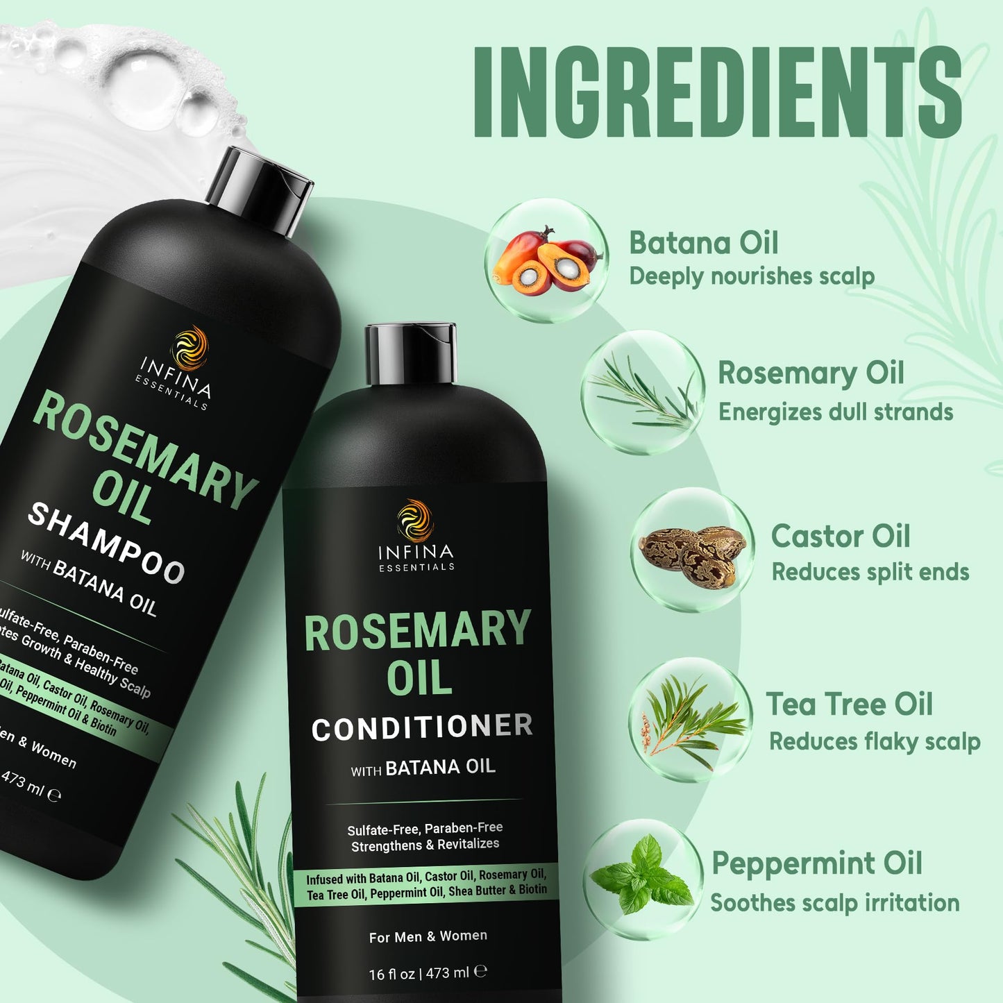 INFINA ESSENTIALS Rosemary Oil Shampoo and Conditioner Set | 16 fl oz Each | with Batana Oil & Biotin | Sulfate-Free Thickening Formula for Thinning