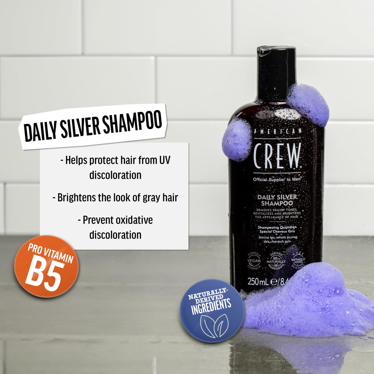 American Crew Men's Shampoo, Daily Silver, Removes Brassy Tones, Naturally Derived, Vegan Formula, 8.4 Fl Oz