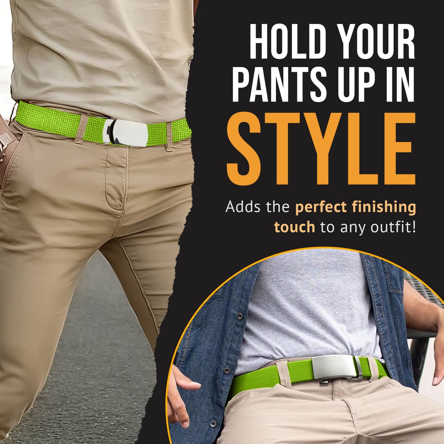 Hold’Em Military Canvas Webbing Belts for MEN’S-Polished Silver Slider Buckle Heavy Duty Adjustable -Lime Green