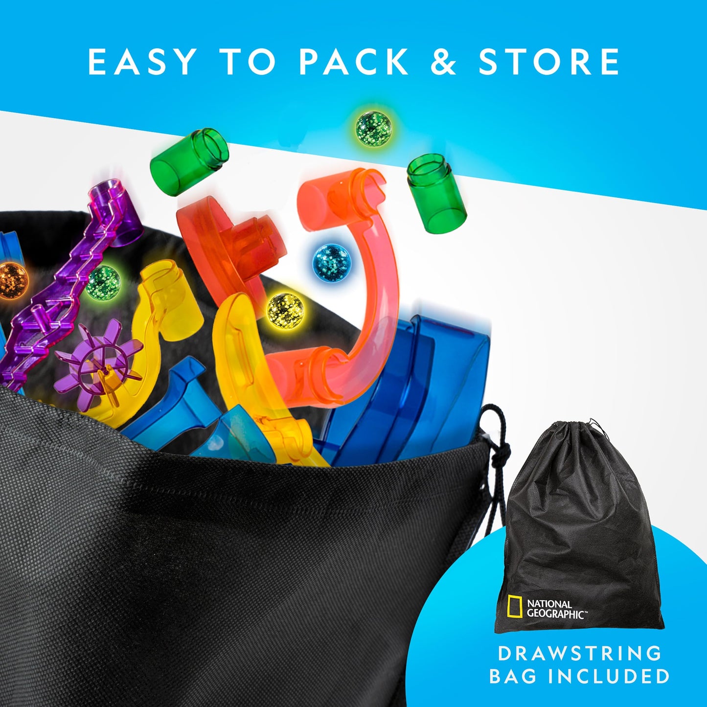 NATIONAL GEOGRAPHIC Glowing Marble Run Set – 15 Glow-in-the-Dark Glass Marbles, Storage Bag & STEM Building Toy for Kids (Amazon Exclusive)