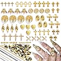 3D Cross Nail Charms,Gold Flat Back Nail Pearls Beads for Crafting,Cute Nail Charms Y2k Rhinestones Jewelry for Nail Art Flower Virgin Mary Religious