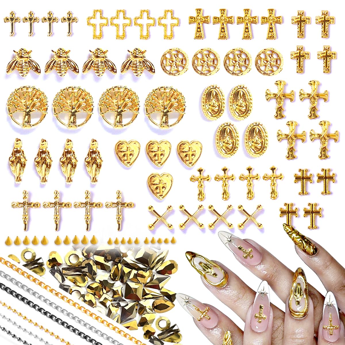 3D Cross Nail Charms,Gold Flat Back Nail Pearls Beads for Crafting,Cute Nail Charms Y2k Rhinestones Jewelry for Nail Art Flower Virgin Mary Religious