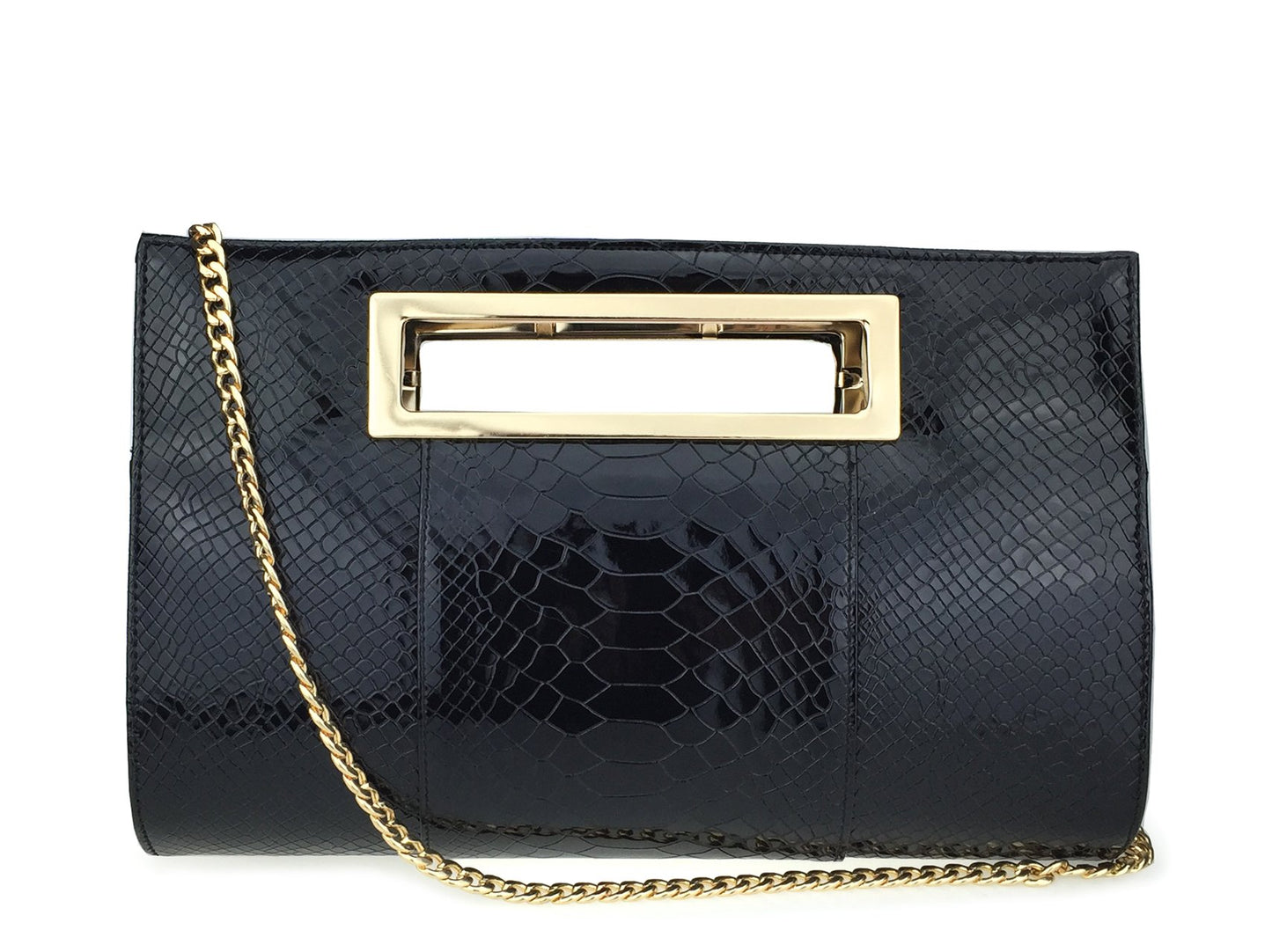 HOXIS Classic Crocodile Pattern Faux Patent Leather Metal Grip Cut it out Clutch with Shoulder Strap Womens Handbag(Black)