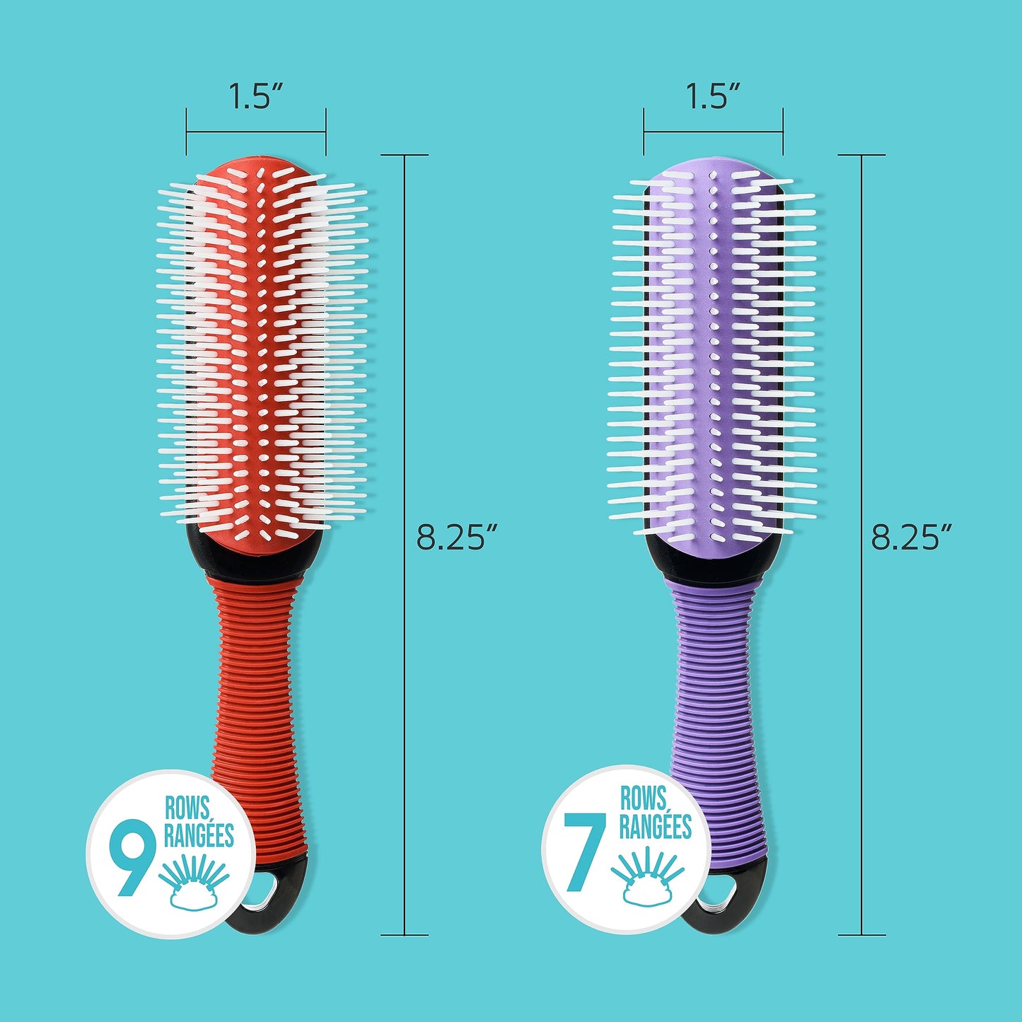 KISS Colors&Care 7 Row Non-Slip Detangling Hair Brush,Removable Cushion For Cleaning,Slip-Proof Handle For Sturdy Grip ,Detangles Without Pulling or
