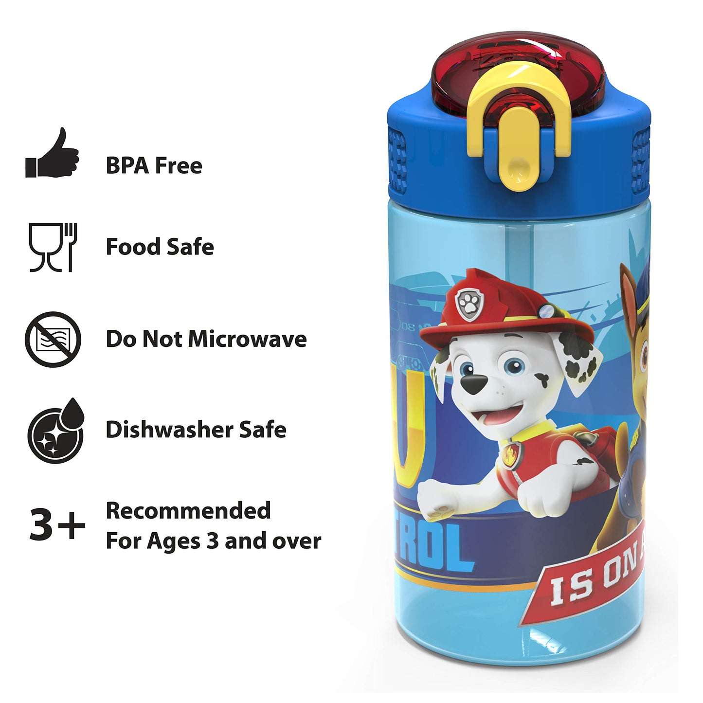 Zak Designs 16oz Kids Durable Plastic Spout Cover and Built-in Carrying Loop, Leak-Proof Water Bottle Design for Travel (16 oz, Paw Patrol