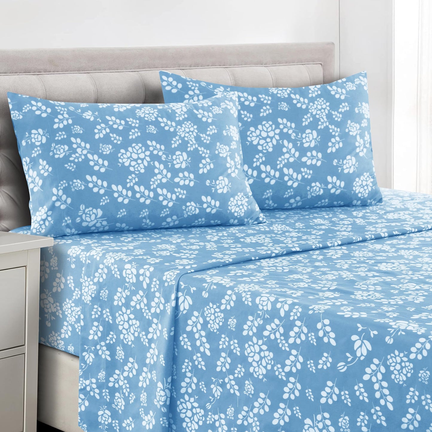LDC Lux Decor Collection Bed Sheets Set, Full, Floral Blue, 4Pc, 1800 Count Microfiber, Deep Pocket, Wrinkle Resistant, Breathable