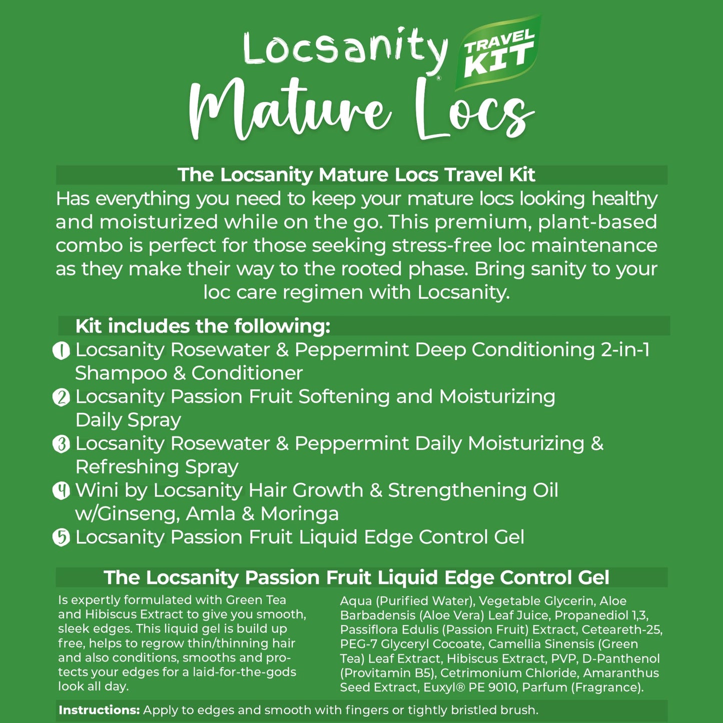 Locsanity Organic Teen Locs Essentials Kit - Moisturizing 2-in-1 Shampoo & Conditioner, Passion Fruit Spray, Hair Oil, Rosewater Peppermint Tightening