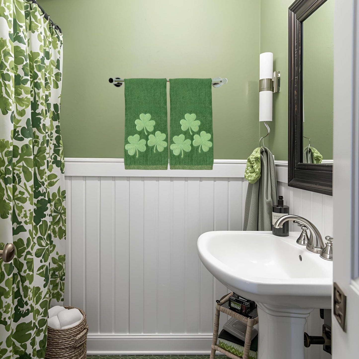 Serafina Home St. Patrick's Day Irish Kitchen Bath Guest Hand Towels: Soft Absorbent Embroidered Green Shamrocks Clovers Trio, 100% Cotton, Green…