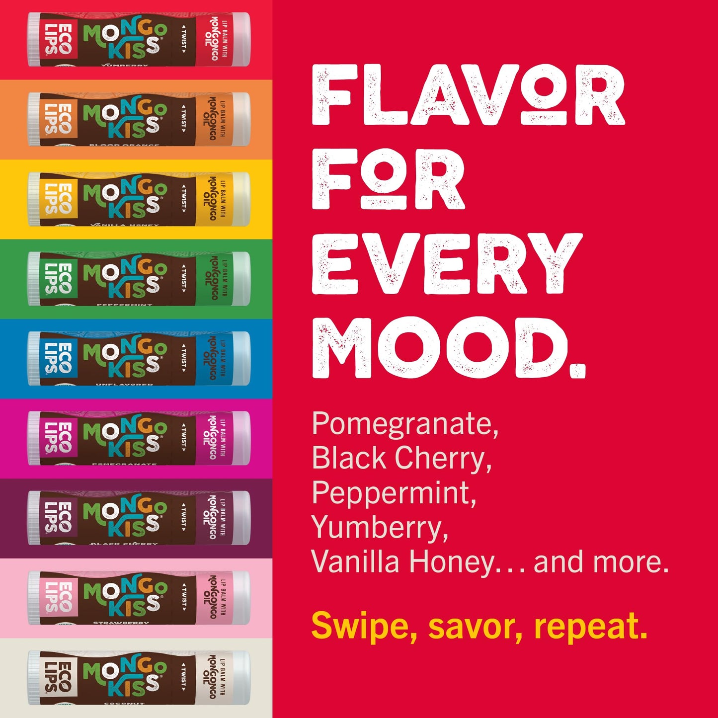 Eco Lips Mongo Kiss Organic Lip Balm 4 Pack Peppermint, Pomegranate, Vanilla Honey, Black Cherry - 100 Percent USDA Organic - Soothe, Moisturize Dry