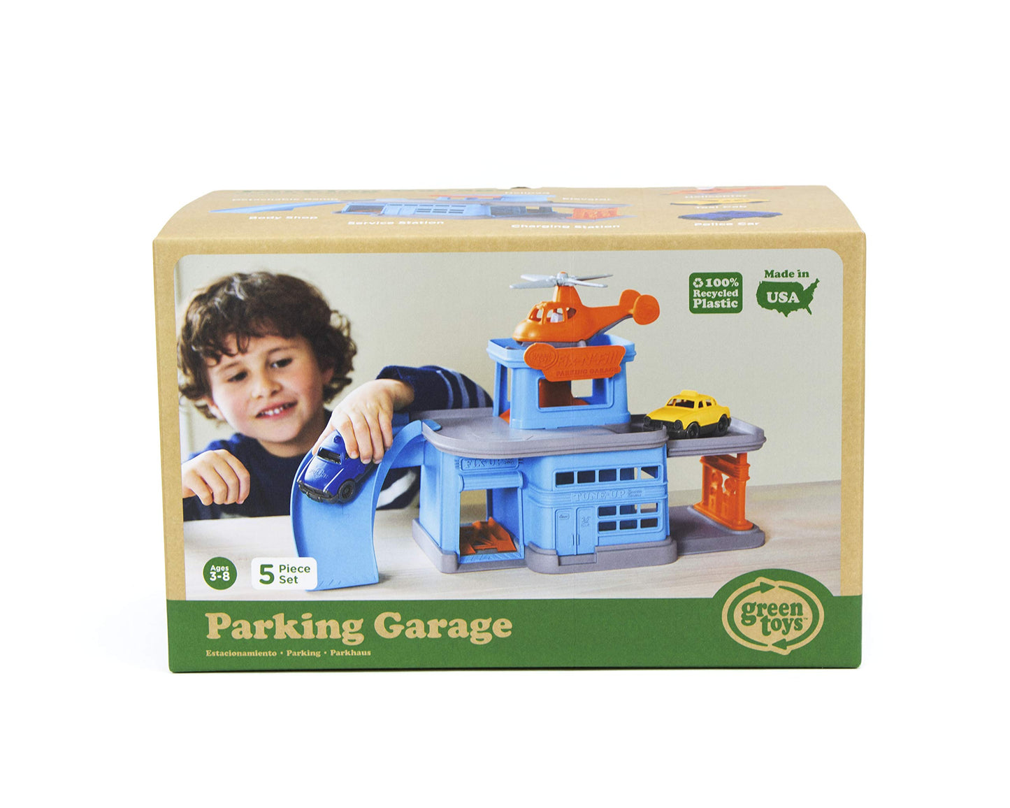 Green Toys Parking Garage Playset – 5-Piece Pretend Play Toy for Kids, Motor Skills & Role Play, BPA-Free, Dishwasher Safe, Made in USA