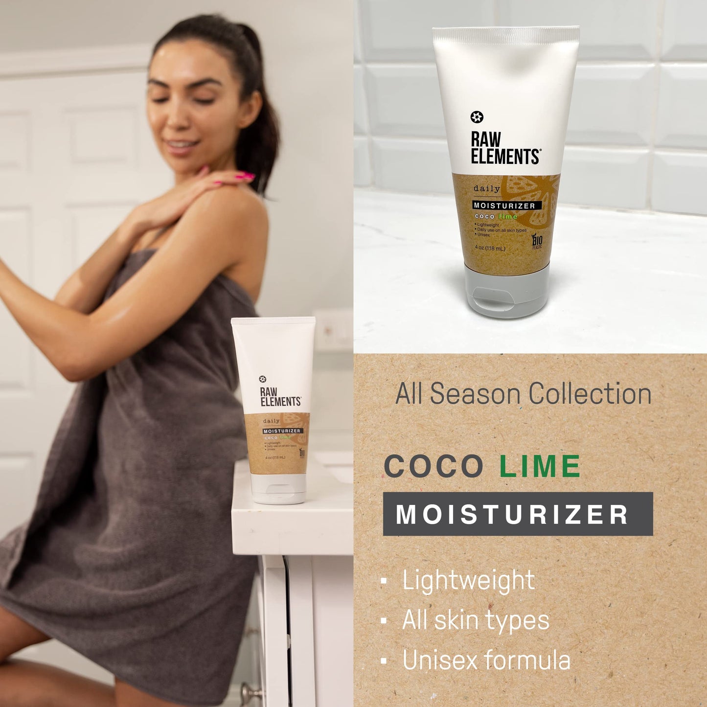 Raw Elements Daily Moisturizing Lotion Coco Lime - Organic Non Toxic Body Lotion, Cocoa Butter, Vitamin E, Reef-Safe, Water Resistant, Bio-Resin Tube