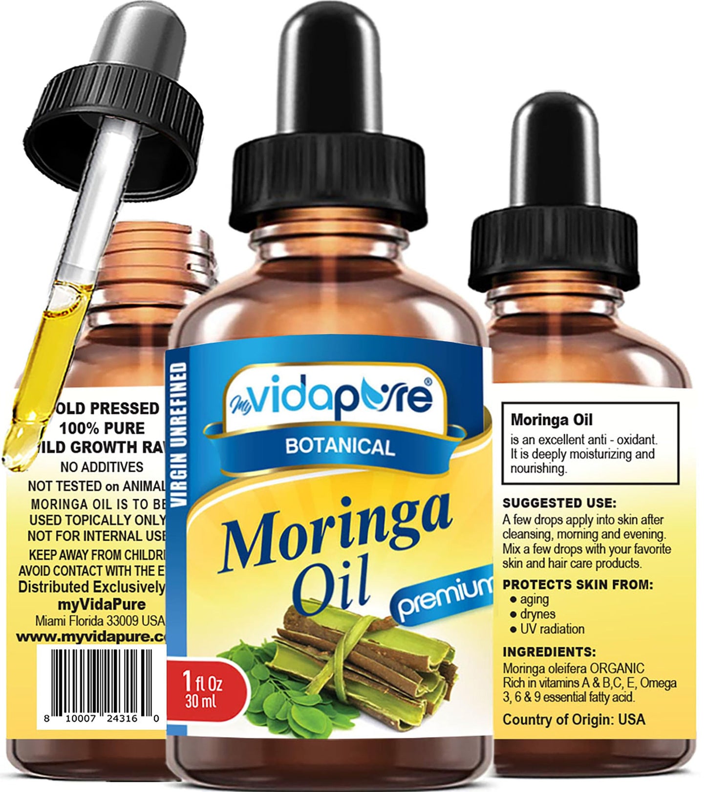 MYVIDAPURE MORINGA OIL Moringa oleifera 100% Pure REFINED UNDILUTED Cold Pressed for Skin, Face, Hair, Lip and Nail Care (1 Fl Oz)