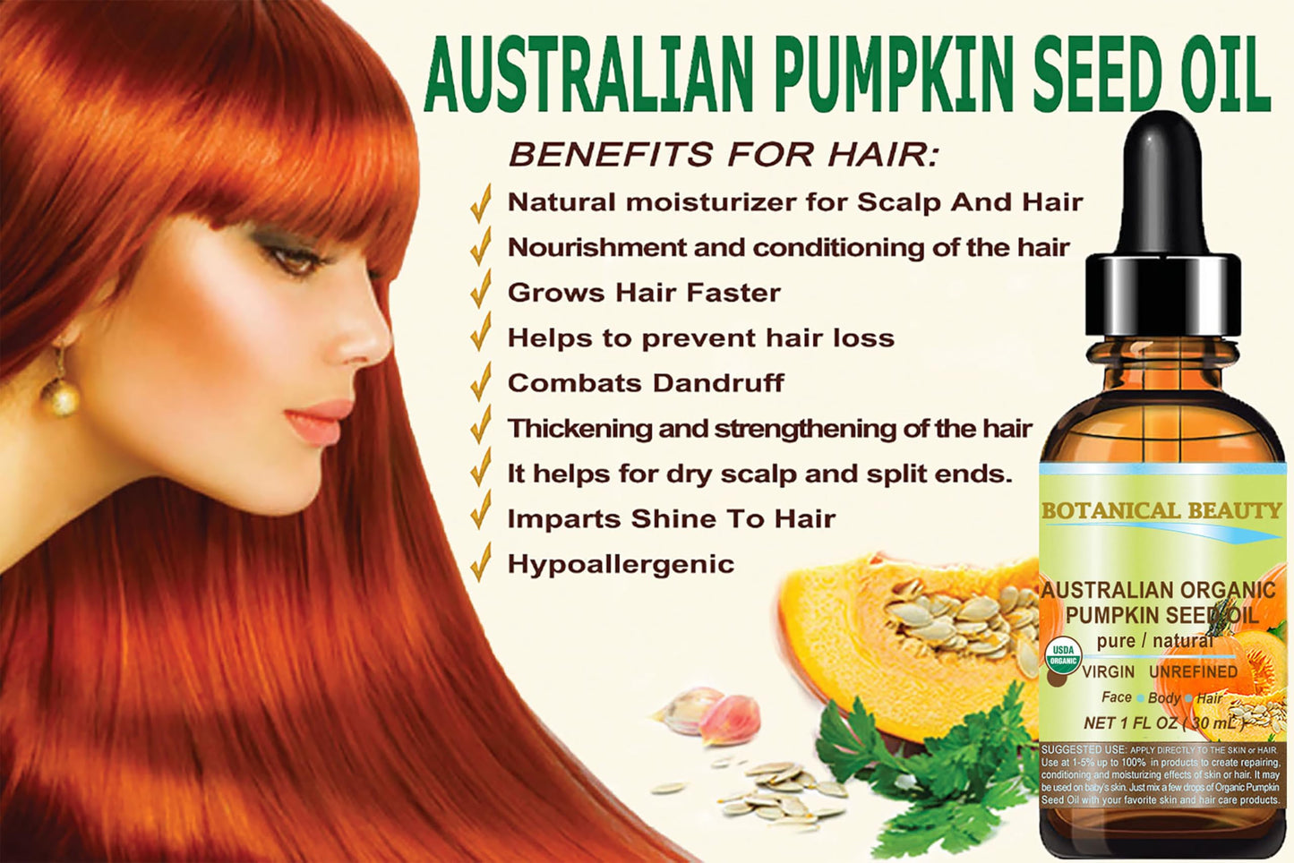 Botanical Beauty Australian ORGANIC PUMPKIN SEED OIL 100% Pure Natural Virgin Unrefined Cold Pressed Carrier Oil. 1 Fl.oz.- 30 ml. for Face, Skin