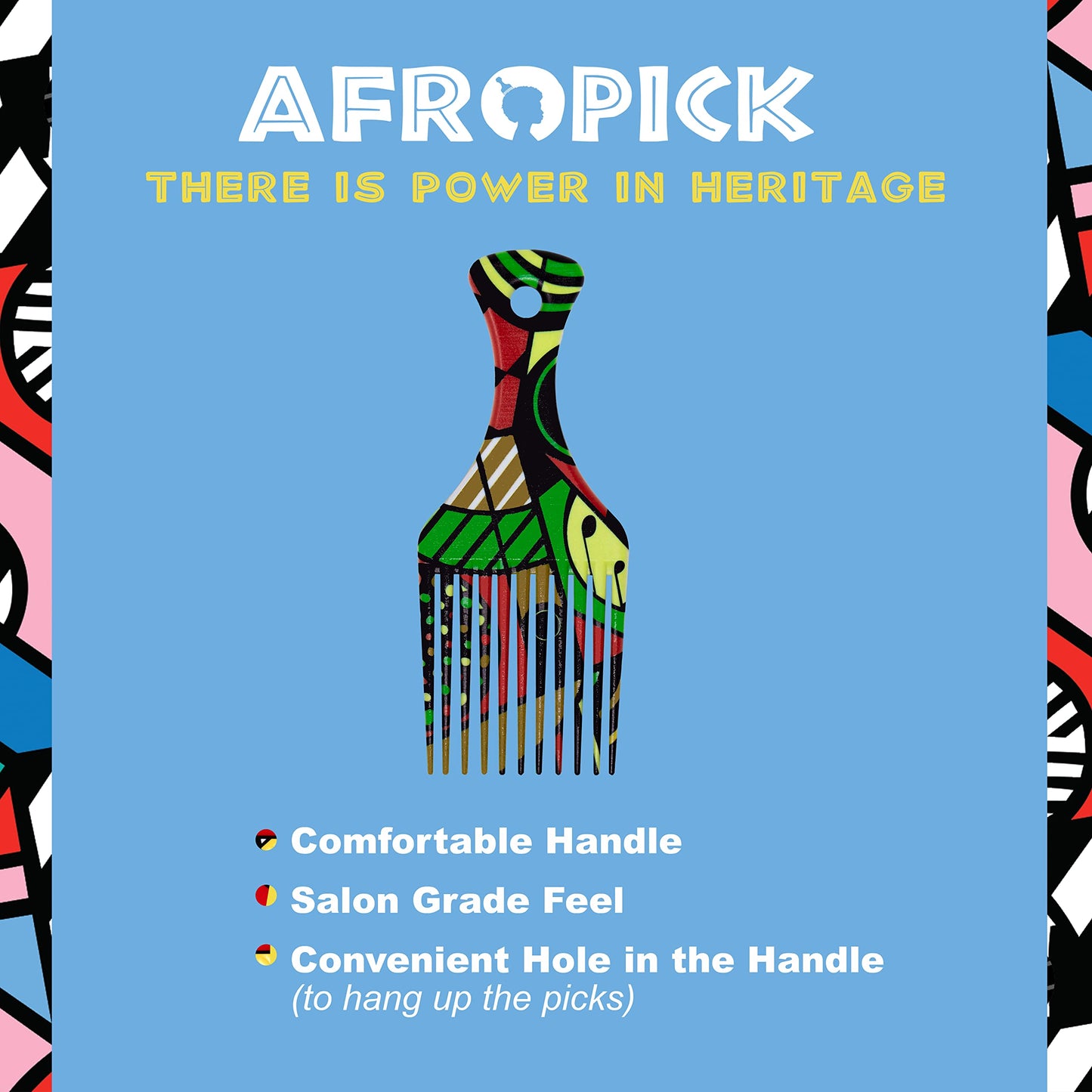 Afropick Anti-Static Plastic Black Hair Pick for Natural Curly Long Thick Hair- Afro Pick Comb for Men, Women- African Artist Designs (Harlem)