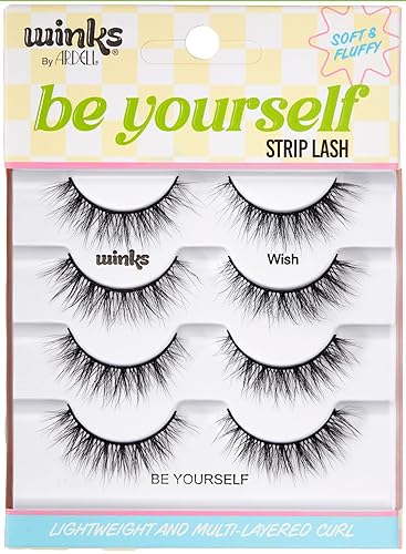 Ardell Winks Be Yourself Lashes - Wish Style, Black Strip Lashes for Dramatic Doll Eye Effect, Full Volume, Natural Look False Eyelashes, 4-Pack
