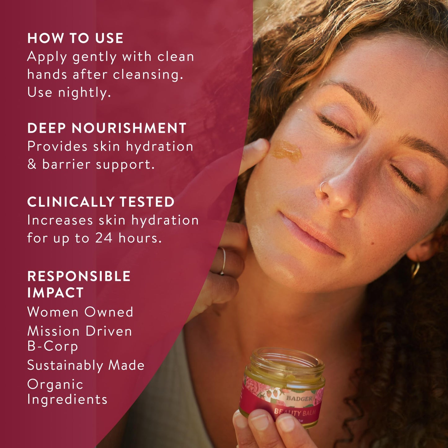 Badger Rose Beauty Balm, 100% Organic Nourishing Treatment For Face, Neck & Hands w/Pure Rose Essential Oil, Intensive Long Lasting Face Moisturizer