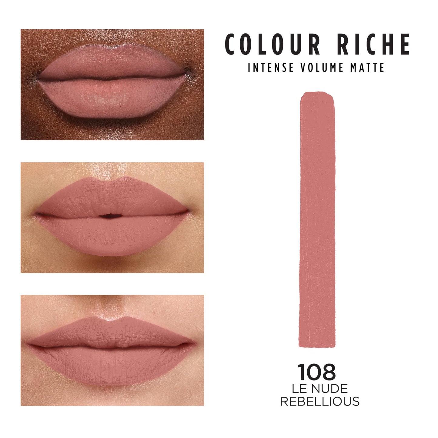 L'Oreal Paris Colour Riche Intense Volume Matte Lipstick, Lip Makeup Infused with Hyaluronic Acid for up to 16HR Wear, Le Nude Rebellious, 0.06 Oz