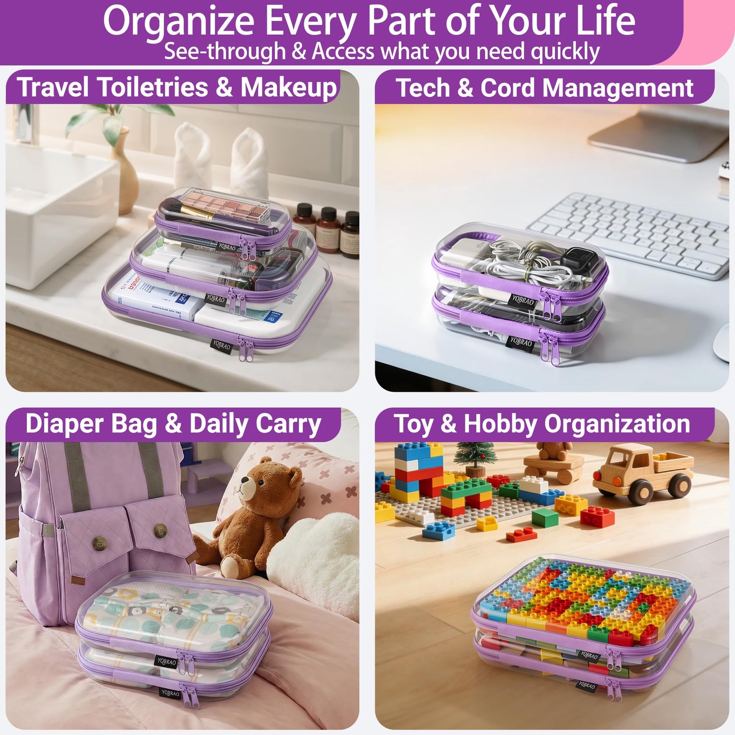 YQBRAO 4-Pack Clear Diaper Bag Organizer Pouches, 1.2mm Ultra-Thick PET Travel Pouches for Toiletries & Makeup, Rigid Self-Standing Bags with YKK Beauty and Personal Care YQBRAO