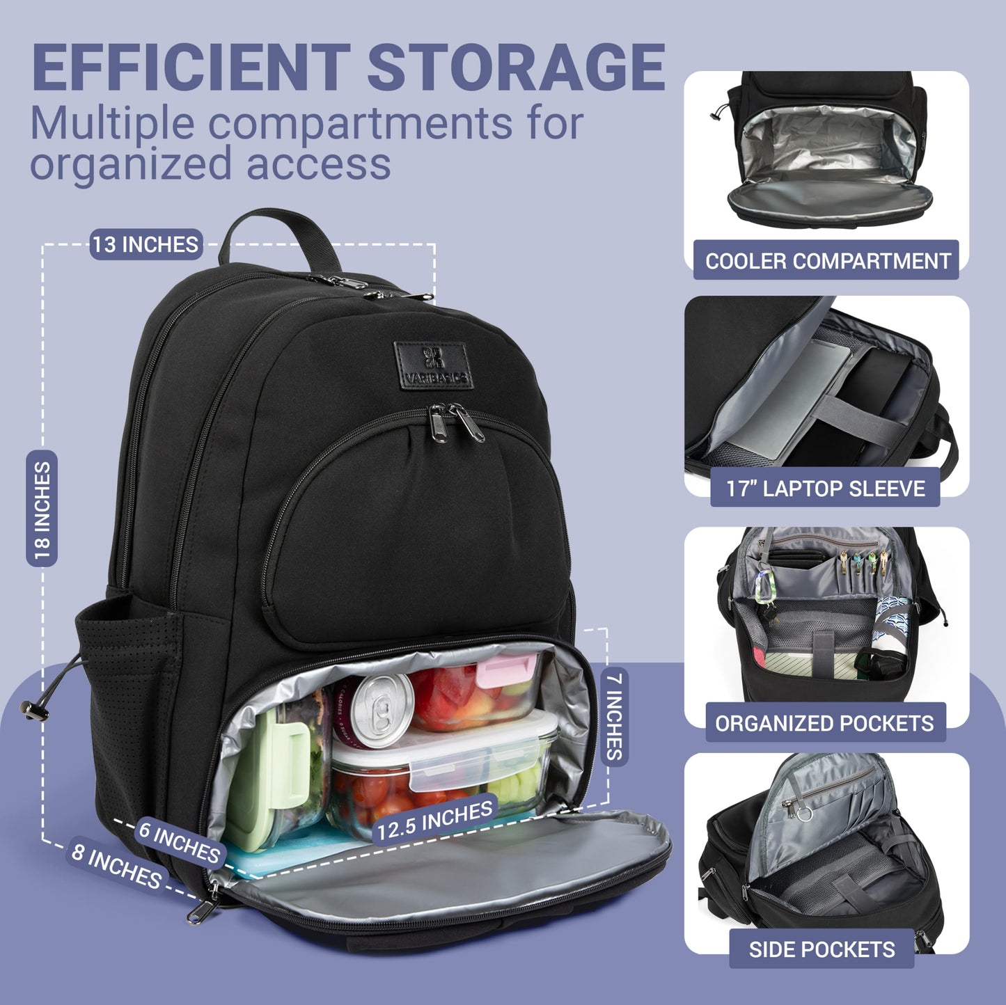 Varibasics Alira - Women's Lunch Backpack with Cooler Compartment and Belt Bag, Premium Neoprene Bag with Insulated Waterproof Lining, Great for Work, School, Travel and Moms, Fits 17" Laptop - Black