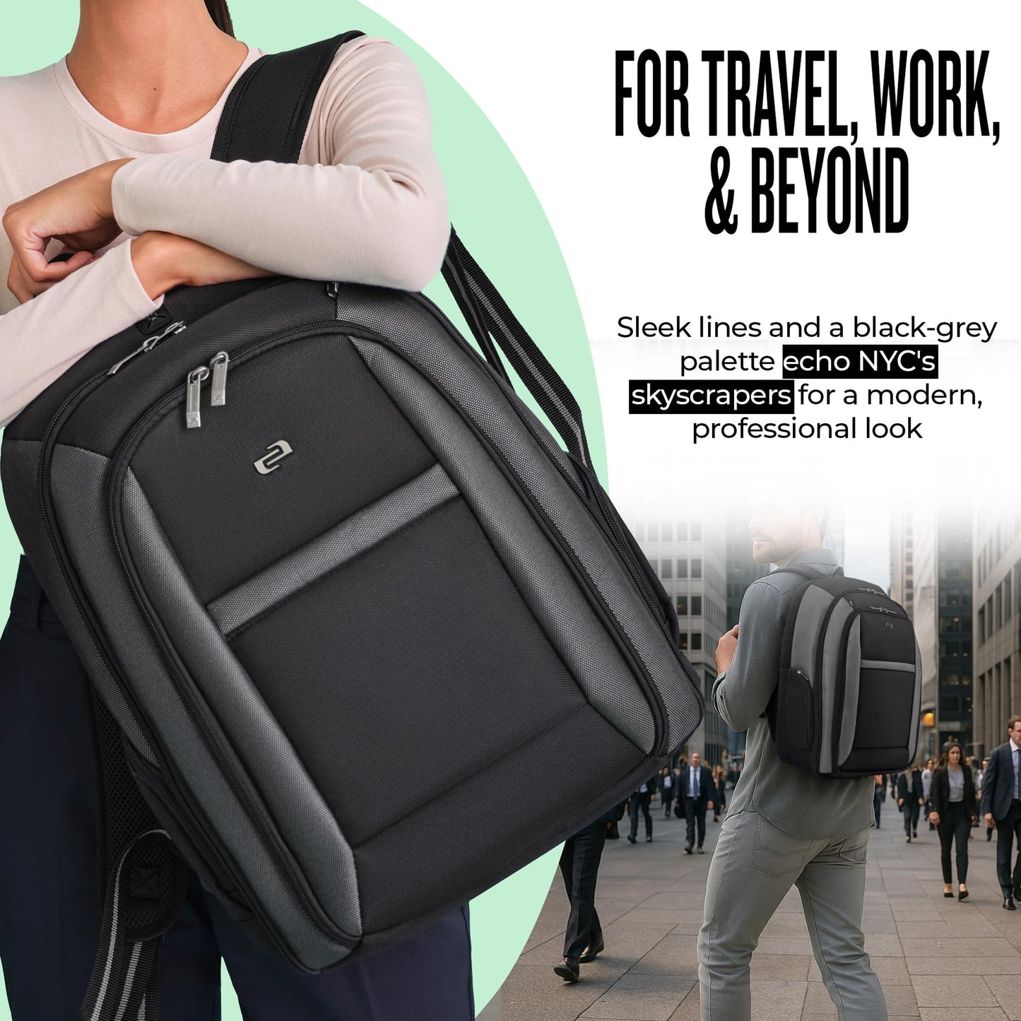 Solo New York Laptop Backpack for Women & Men -Carry On Bookbag for Travel & Work, Lightweight Bag, Removable Laptop Sleeve, Padded Straps, Fits 16" Computer - Metropolitan, Black & Grey