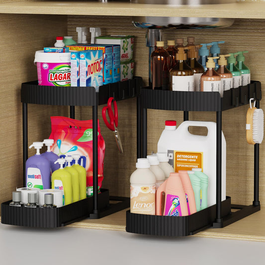 Ukeetap 2-Pack Pull-Out Storage Organizers – Under Sink & Cabinet Organizers for Bathroom & Kitchen, 12.8", Black