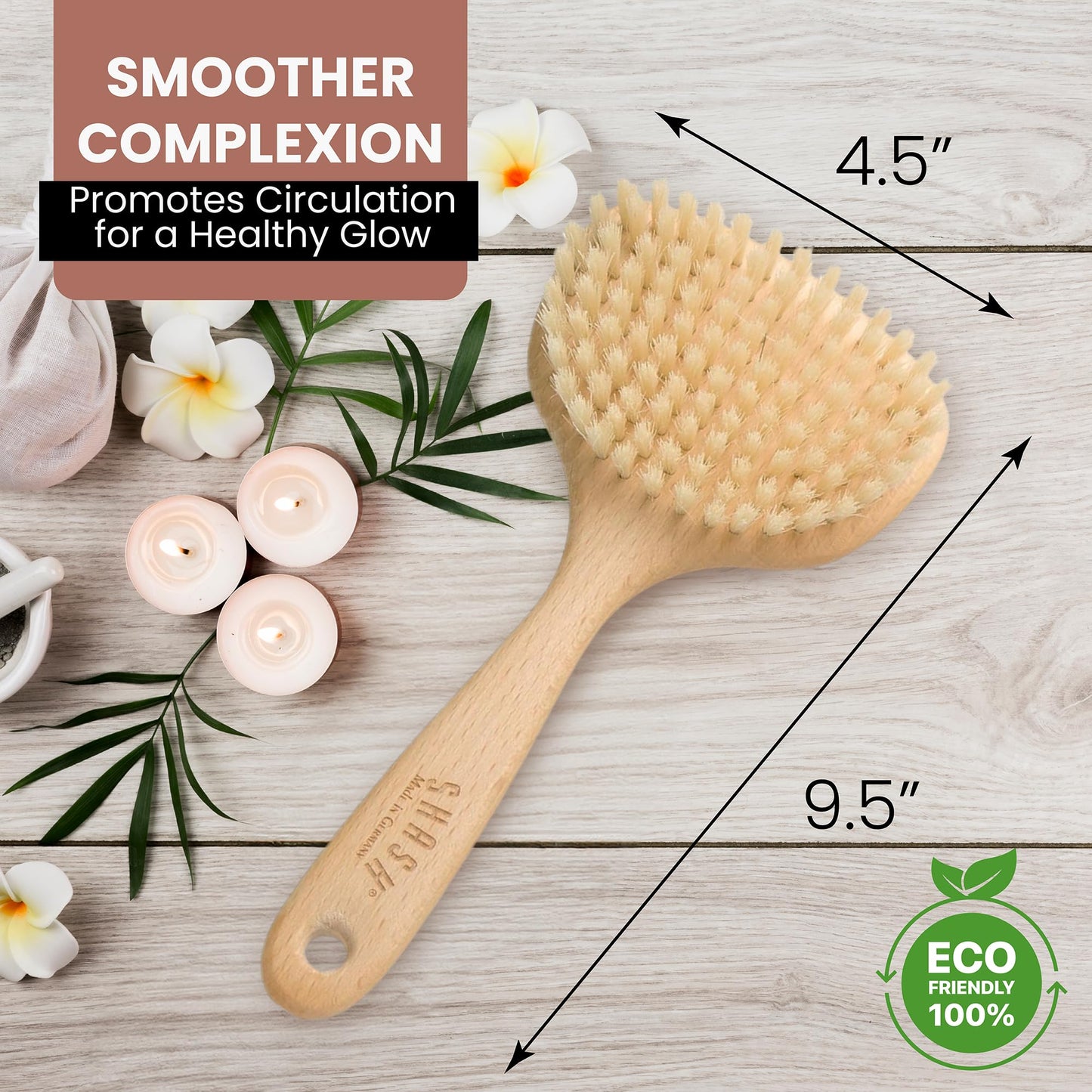 SHASH Since 1869 Hand Made in Germany - Smooth 100% Boar Bristle Body Brush, Gently Exfoliates Skin for a Softer, Smoother Complexion, Dry Brush Body