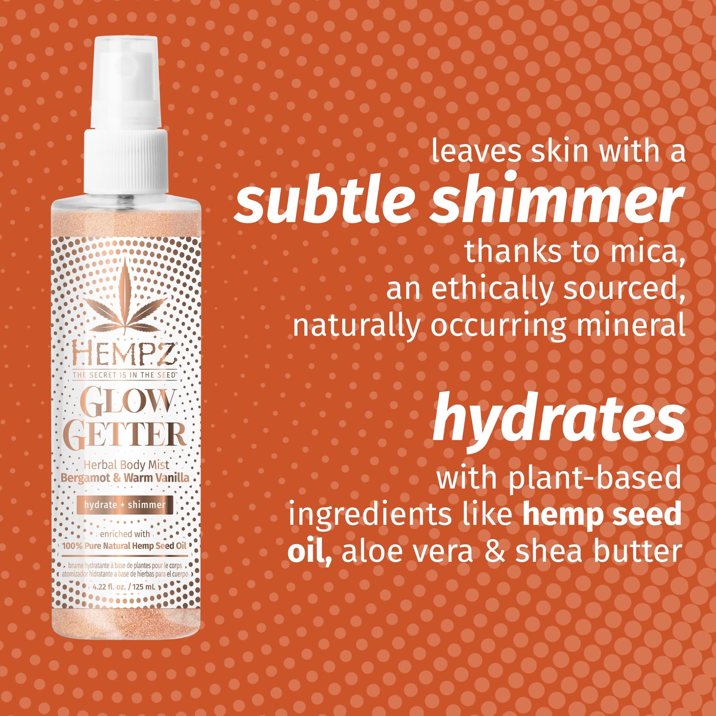 Hempz NEW Glow Getter Hydrating Body Mist, Perfume Shimmer Spray with sparkle 4.22 oz.