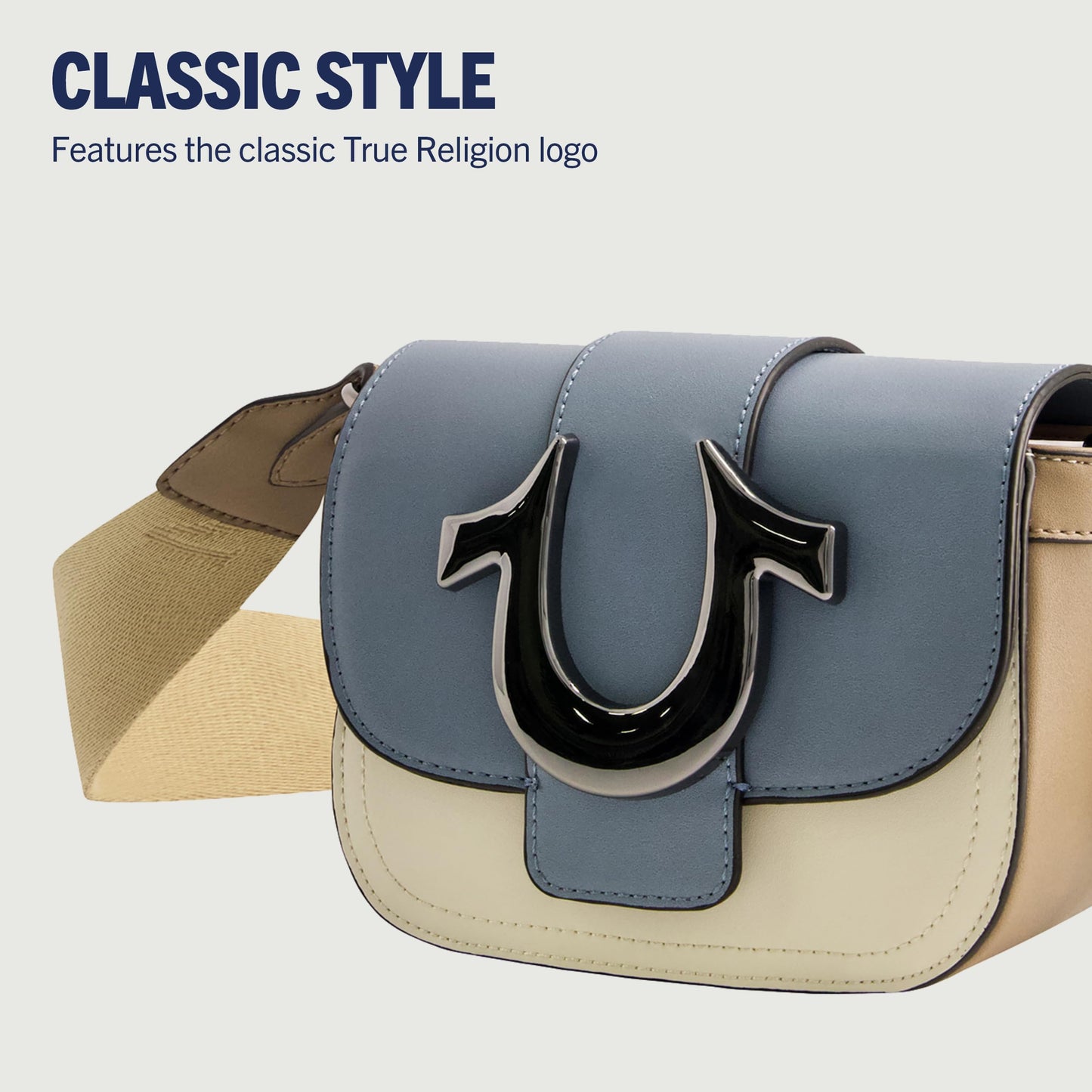 True Religion Women's Crossbody Bag, Mini Flap Adjustable Shoulder Handbag Purse with Horseshoe Logo, Blue