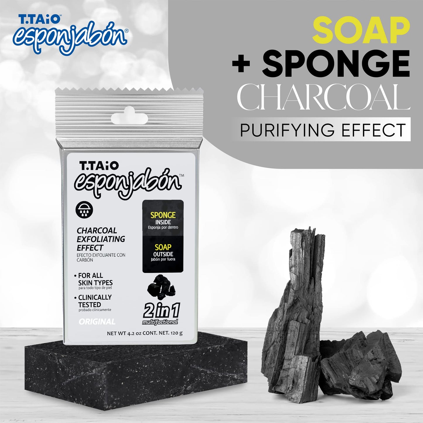 T.Taio Esponjabon Charcoal Soap Sponge - Cleansing Shower Scrubber - Cleaning Bath Wash Scrub - Oil Removal - Massage & Lather Foot, Elbow, & Face