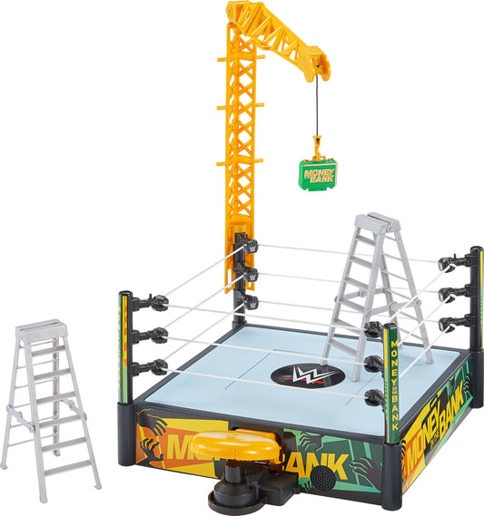 Mattel WWE Money in The Bank Cash-in Ring Playset – 2 Play Modes, 40+ Sounds & Phrases, Launcher, Crane, Ladders & Briefcase