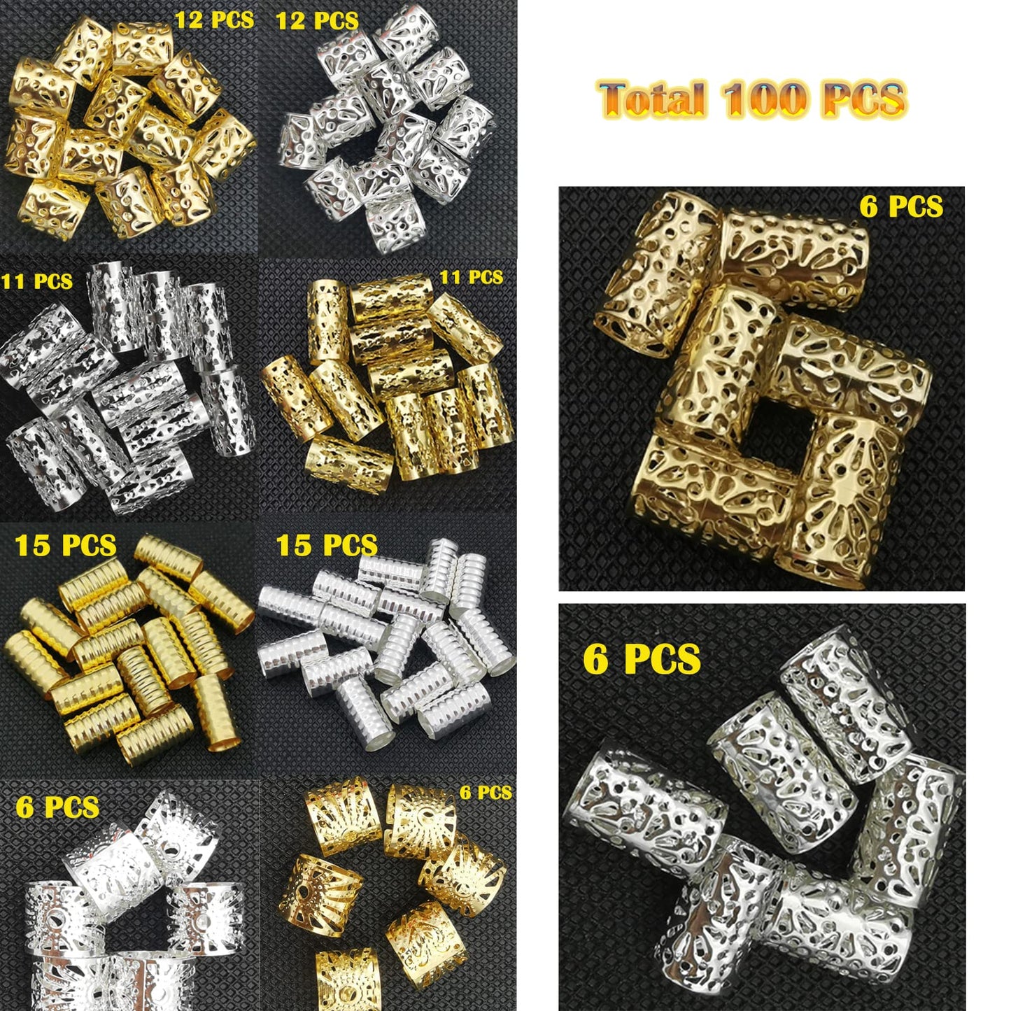100 PCS Gold Hair Cuffs Hair Beads for Girls Silver Hair Jewelry for Braids Accessories, Flosius Hair Charms for Braids Dreadlock Accessories Loc